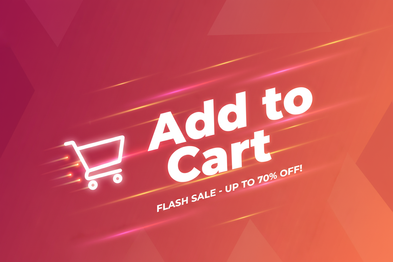 Vibrant red and coral gradient banner, bold sans-serif tex"Add to Cart", glowing light streaks, shopping cart icon in motion, energetic composition, eye-catching sale layout, 1800x600 px.